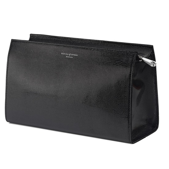 Large Cosmetic Case in Jet Black Lizard from Aspinal of London