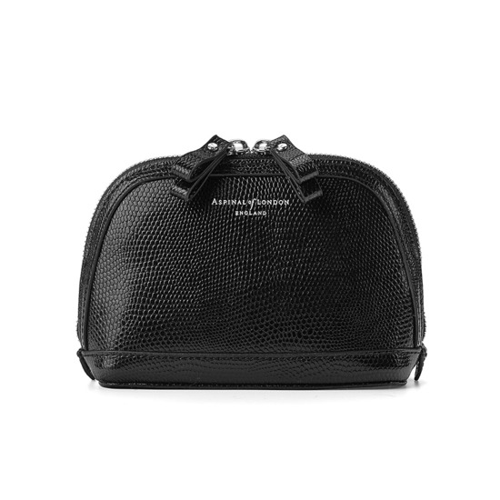 Small Hepburn Cosmetic Case in Jet Black Lizard from Aspinal of London