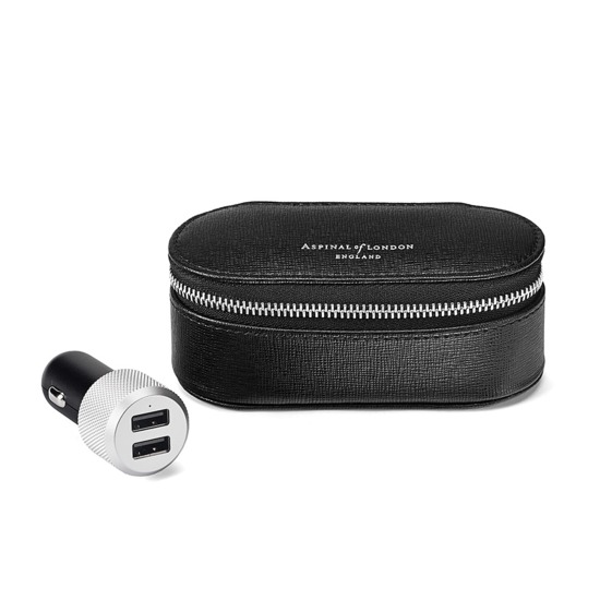 Essential Tech Car Charger with Case in Black Saffiano & Black Suede from Aspinal of London