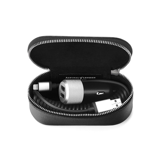 Essential Tech Car Charger with Case in Black Saffiano & Black Suede from Aspinal of London