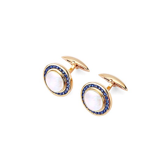 Round Mother of Pearl Cufflinks Gemset with Cluster Sapphire in 9ct Yellow Gold from Aspinal of London