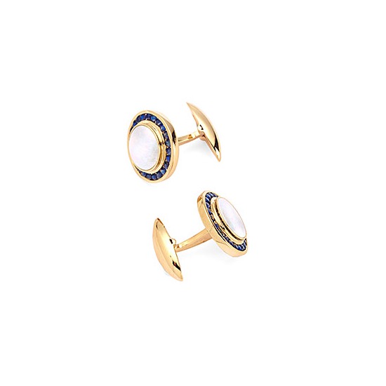 Round Mother of Pearl Cufflinks Gemset with Cluster Sapphire in 9ct Yellow Gold from Aspinal of London