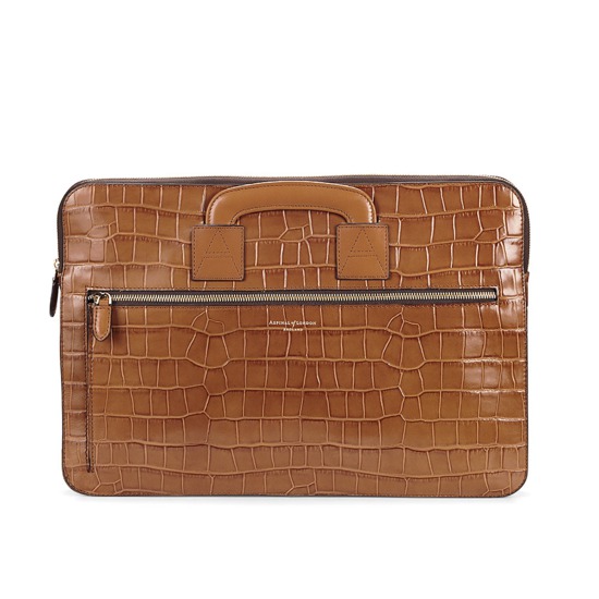 Connaught Document Case in Deep Shine Vintage Tan Croc from Aspinal of London