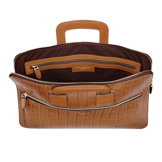 Connaught Document Case in Deep Shine Vintage Tan Croc from Aspinal of London