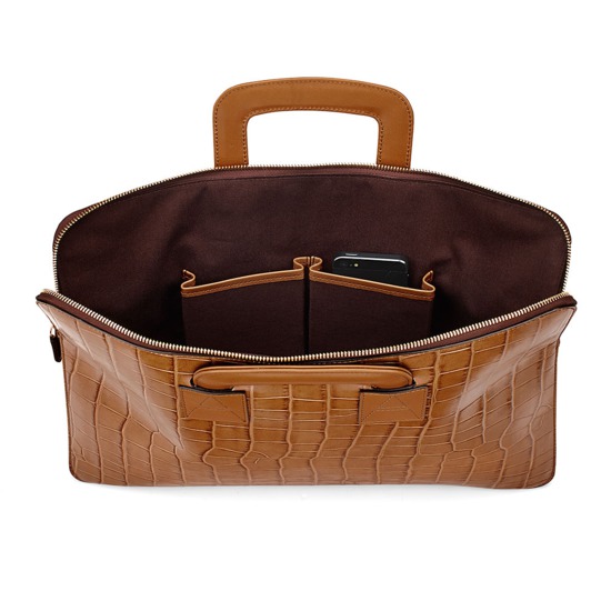 Connaught Document Case in Deep Shine Vintage Tan Croc from Aspinal of London