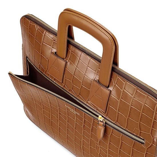 Connaught Document Case in Deep Shine Vintage Tan Croc from Aspinal of London
