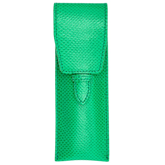 Small Pen Case in Grass Green Lizard & Cream Suede from Aspinal of London