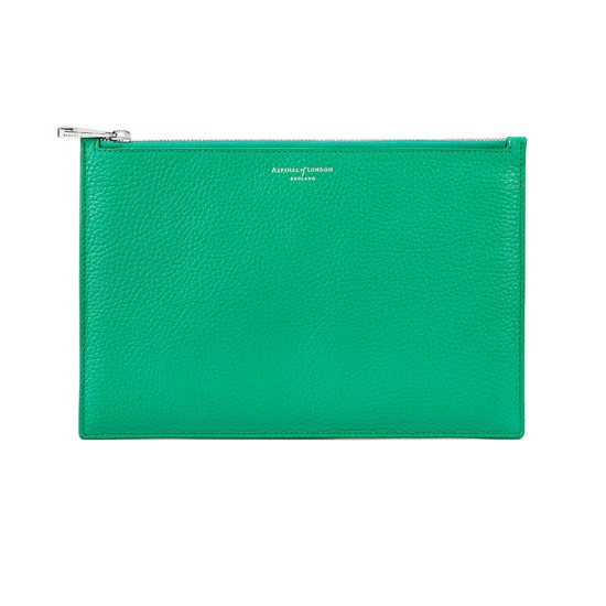 Large Essential Flat Pouch in Grass Green Pebble from Aspinal of London