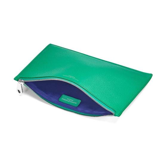 Large Essential Flat Pouch in Grass Green Pebble from Aspinal of London