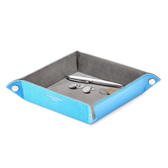Medium Tidy Tray in Aquamarine Lizard & Silver Suede from Aspinal of London