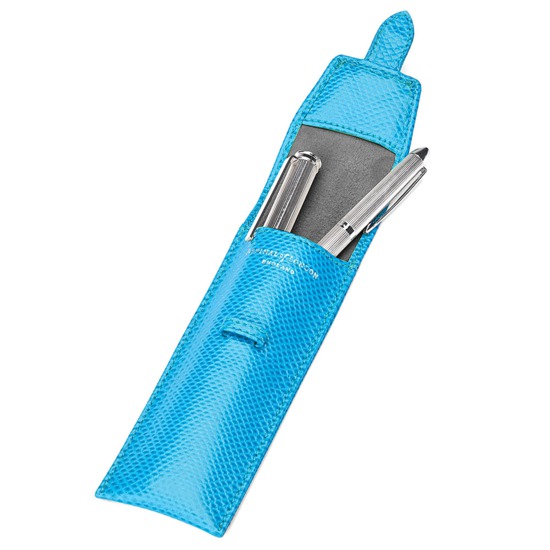 Small Pen Case in Aquamarine Lizard & Silver Suede from Aspinal of London
