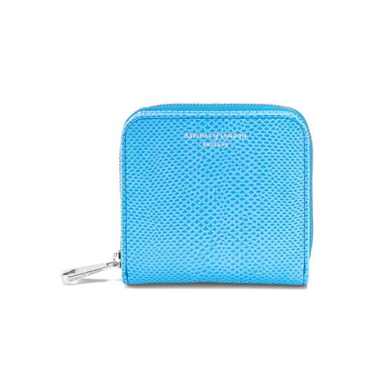 Mini Continental Zipped Coin Purse in Aquamarine Lizard from Aspinal of London