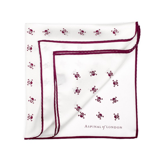 Skull & Crossbones Silk Twill Pocket Square in Burgundy from Aspinal of London