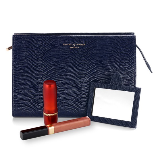 Medium Cosmetic Case in Midnight Blue Lizard from Aspinal of London