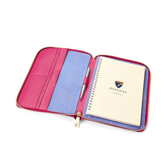 A5 Zipped Padfolio in Raspberry Lizard & Pale Blue Suede from Aspinal of London
