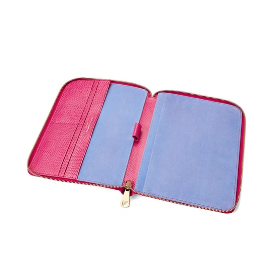 A5 Zipped Padfolio in Raspberry Lizard & Pale Blue Suede from Aspinal of London