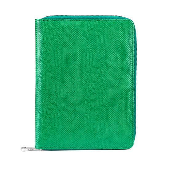 A5 Zipped Padfolio in Grass Green Lizard & Cream Suede from Aspinal of London