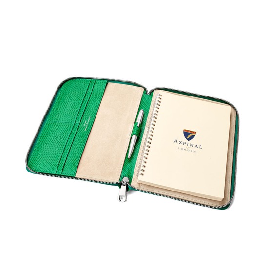 A5 Zipped Padfolio in Grass Green Lizard & Cream Suede from Aspinal of London