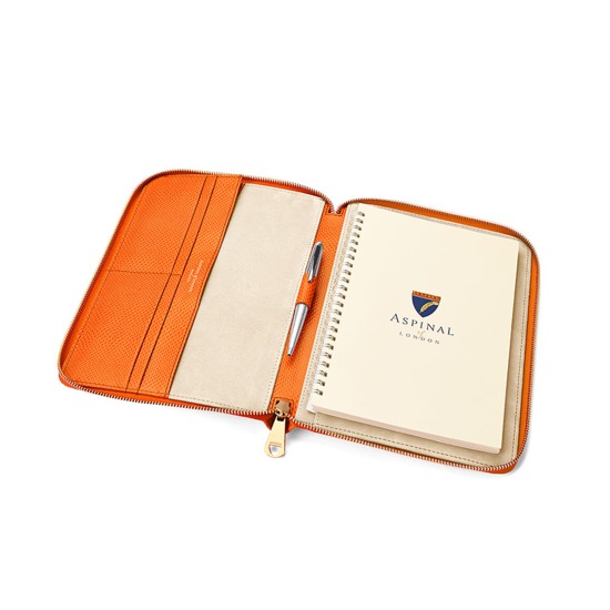 A5 Zipped Padfolio in Orange Lizard & Cream Suede from Aspinal of London