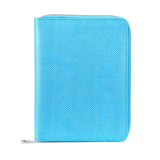 A5 Zipped Padfolio in Aquamarine Lizard & Silver Suede from Aspinal of London