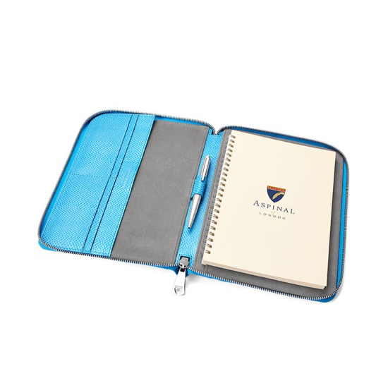 A5 Zipped Padfolio in Aquamarine Lizard & Silver Suede from Aspinal of London