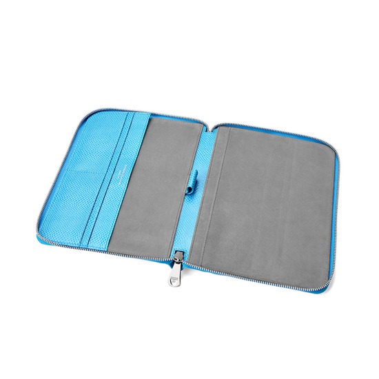 A5 Zipped Padfolio in Aquamarine Lizard & Silver Suede from Aspinal of London