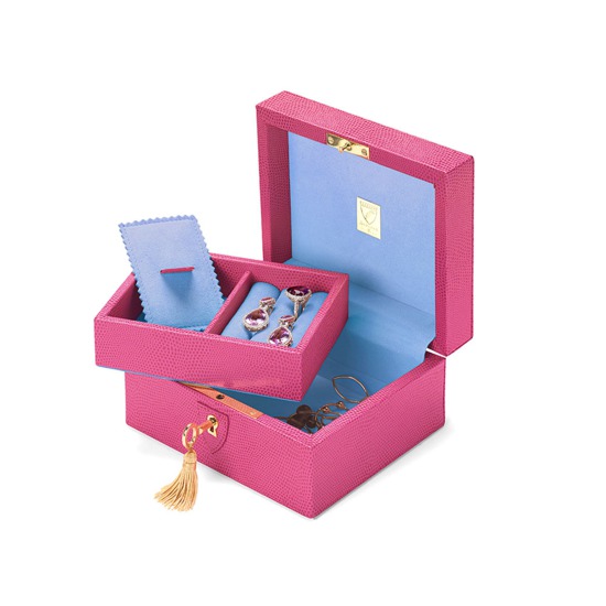 Bijou Jewellery Box in Raspberry Lizard & Pale Blue Suede from Aspinal of London