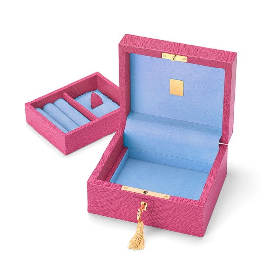 Bijou Jewellery Box in Raspberry Lizard & Pale Blue Suede from Aspinal of London