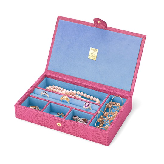 Paris Jewellery Box in Raspberry Lizard & Pale Blue Suede from Aspinal of London