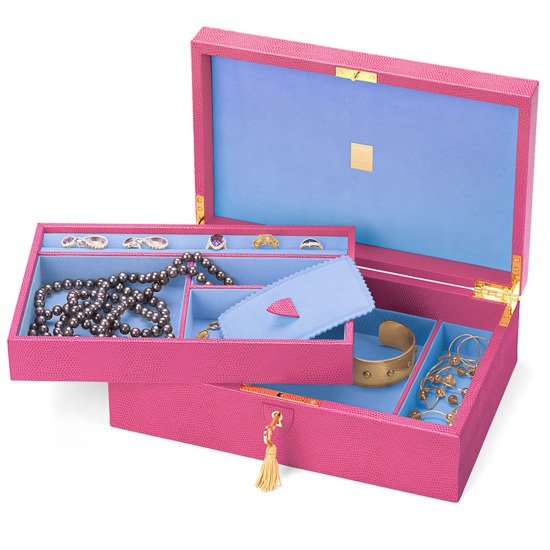 Savoy Jewellery Case in Raspberry Lizard & Pale Blue Suede from Aspinal of London