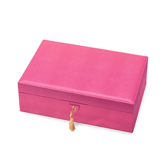 Savoy Jewellery Case in Raspberry Lizard & Pale Blue Suede from Aspinal of London