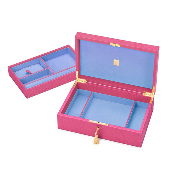 Savoy Jewellery Case in Raspberry Lizard & Pale Blue Suede from Aspinal of London