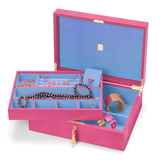 Grand Luxe Jewellery Case in Raspberry Lizard & Pale Blue Suede from Aspinal of London