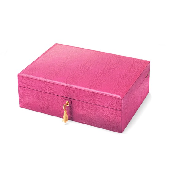 Grand Luxe Jewellery Case in Raspberry Lizard & Pale Blue Suede from Aspinal of London