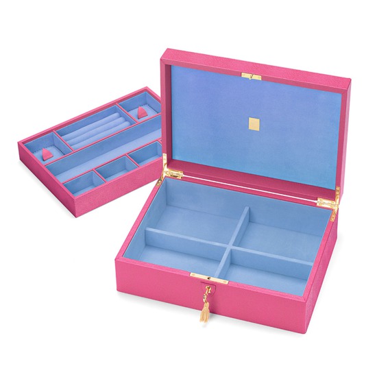 Grand Luxe Jewellery Case in Raspberry Lizard & Pale Blue Suede from Aspinal of London