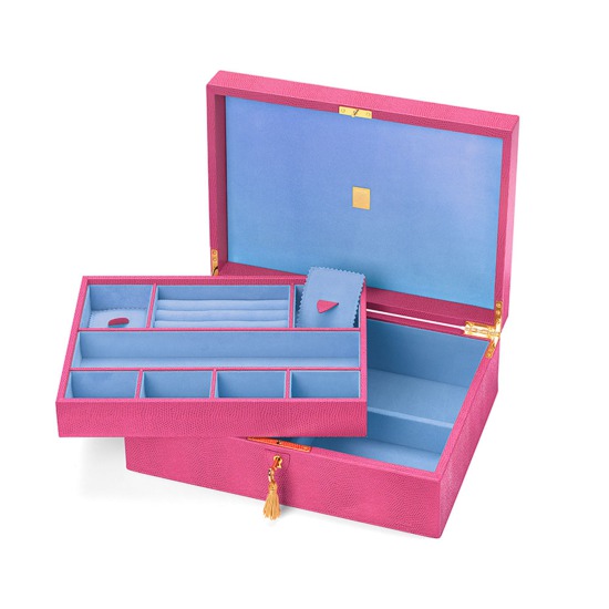 Grand Luxe Jewellery Case in Raspberry Lizard & Pale Blue Suede from Aspinal of London