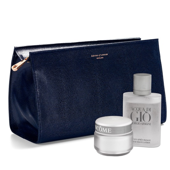 Large Cosmetic Case in Midnight Blue Lizard from Aspinal of London