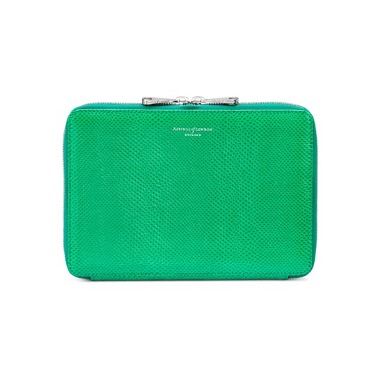 Continental Zipped iPad Mini Case with Notebook in Grass Green Lizard from Aspinal of London