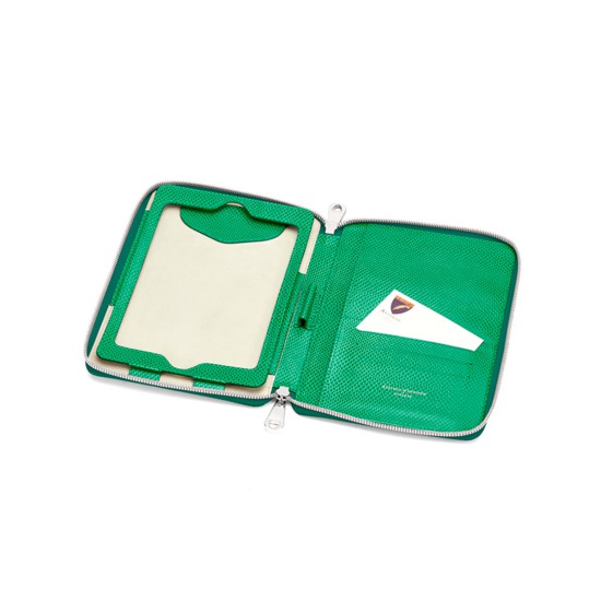 Continental Zipped iPad Mini Case with Notebook in Grass Green Lizard from Aspinal of London