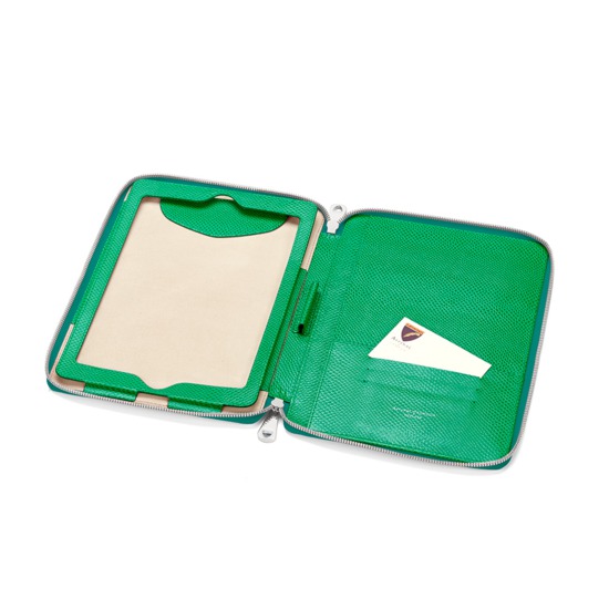 Continental Zipped iPad Air Case with Notebook in Grass Green Lizard from Aspinal of London