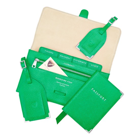 Classic Travel Collection in Grass Green Lizard & Cream Suede from Aspinal of London