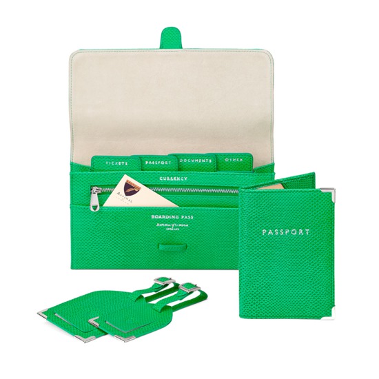 Classic Travel Collection in Grass Green Lizard & Cream Suede from Aspinal of London