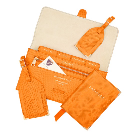 Classic Travel Collection in Orange Lizard & Cream Suede from Aspinal of London