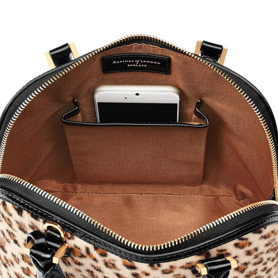 Mini Hepburn Bag in Leopard Haircalf & Black Polish from Aspinal of London