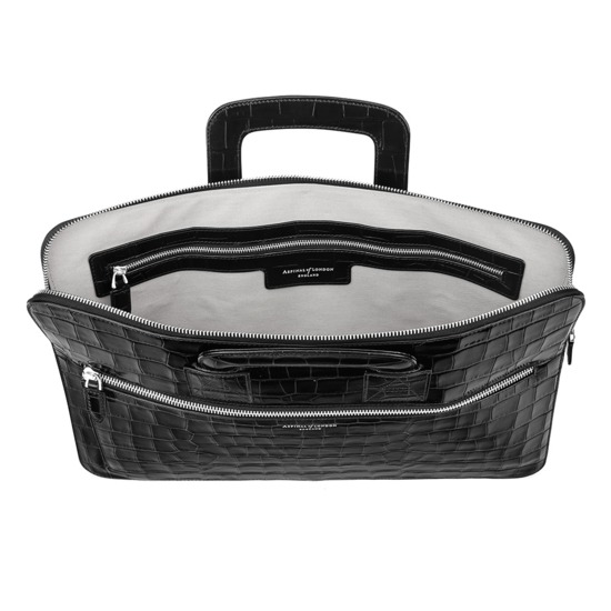 Connaught Document Case in Deep Shine Black Croc from Aspinal of London