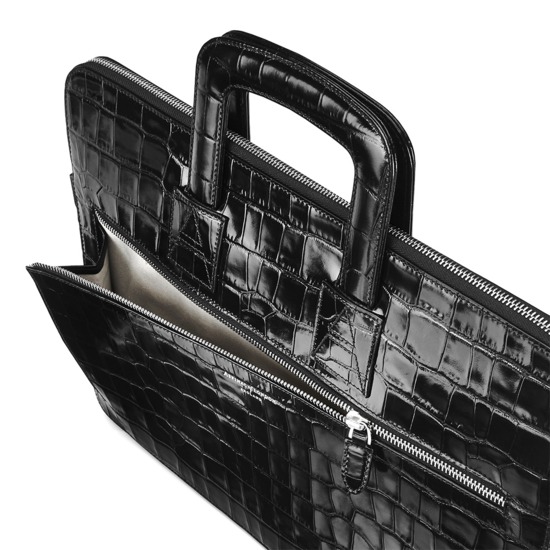 Connaught Document Case in Deep Shine Black Croc from Aspinal of London