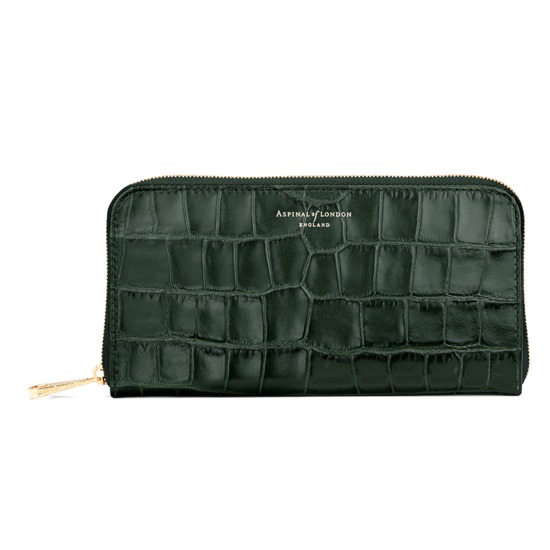 Continental Clutch Zip Wallet in Deep Shine Forest Green Croc from Aspinal of London
