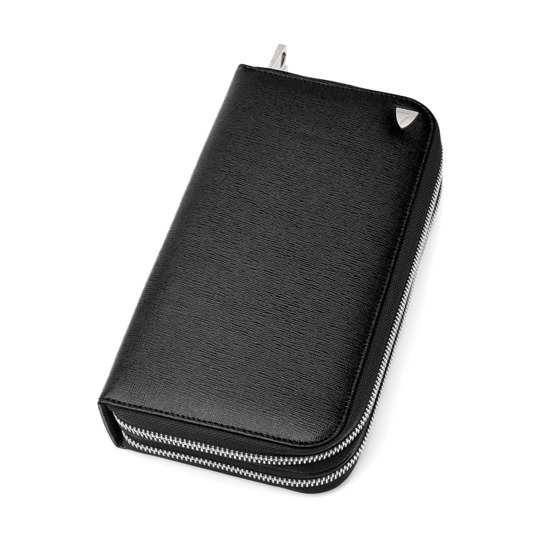 Mount Street Double Zip Wallet in Black Saffiano & Cobalt Suede from Aspinal of London