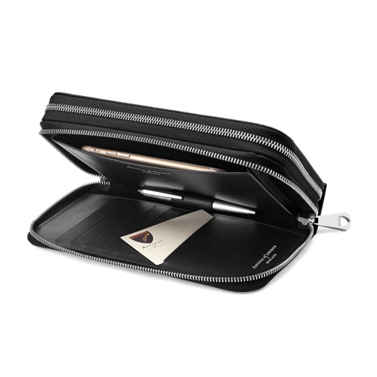 Mount Street Double Zip Wallet in Black Saffiano & Cobalt Suede from Aspinal of London
