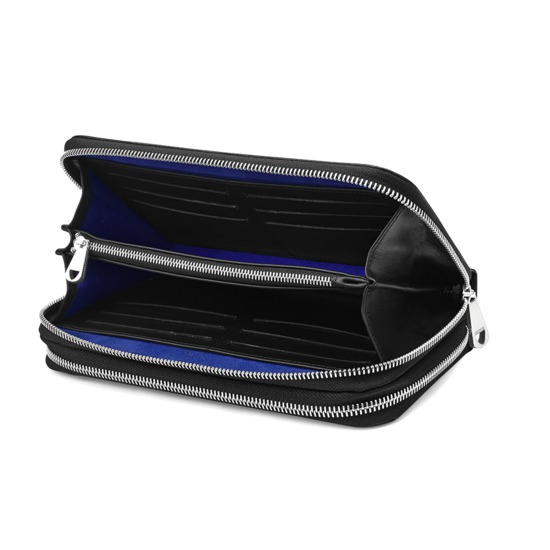 Mount Street Double Zip Wallet in Black Saffiano & Cobalt Suede from Aspinal of London